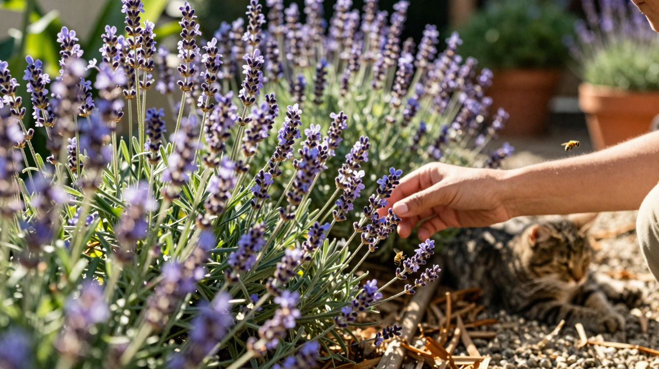 Mão colhendo flores de lavanda num jardim, com gato e abelha ao fundo.