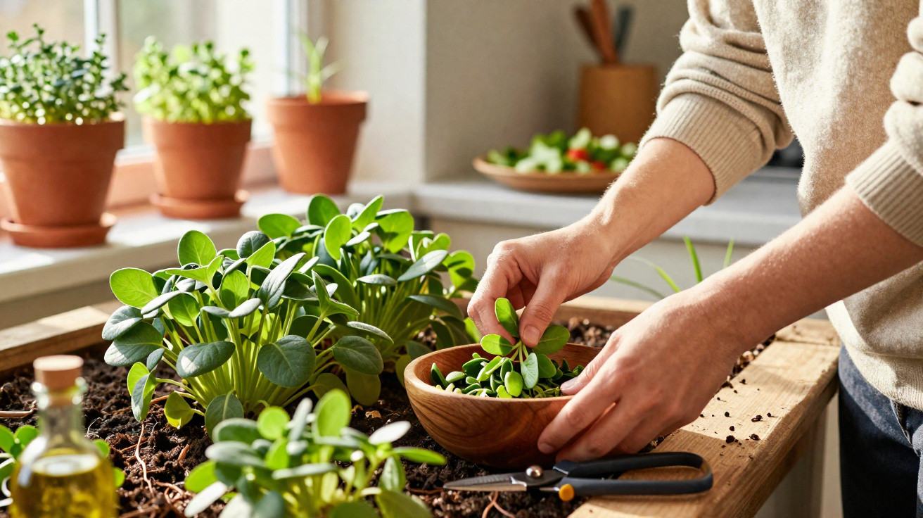 Pessoa a colher brotos frescos numa cozinha com várias plantas em vasos e luz natural.