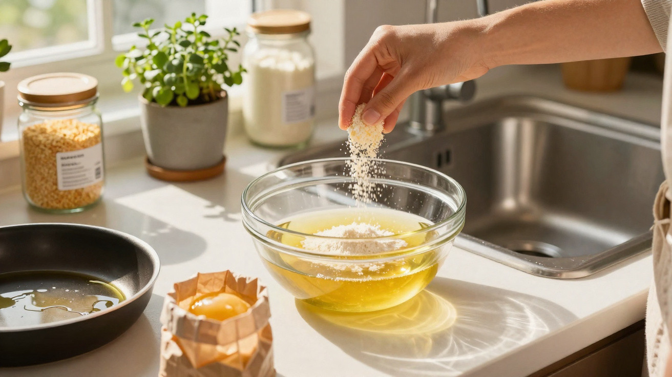 Mão a polvilhar farinha numa taça com ovos batidos numa cozinha luminosa e moderna.