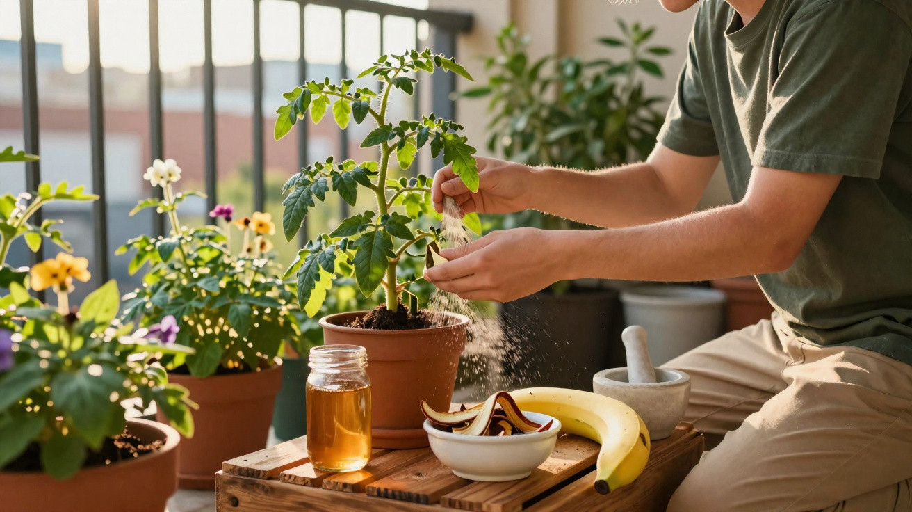Pessoa a aplicar cascas de banana como fertilizante a planta em vaso num ambiente com plantas e luz natural.
