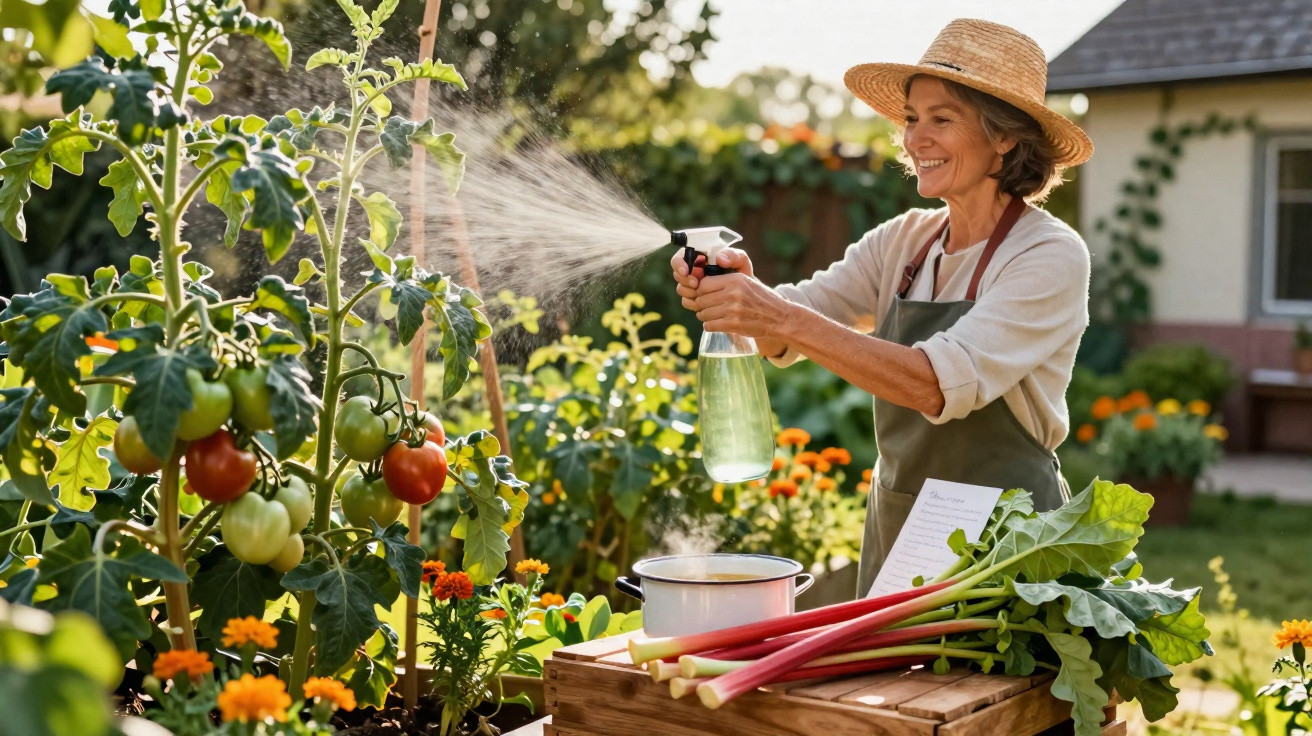 Mulher com chapéu a regar tomateiras num jardim com plantas e flores em dia solarengo.