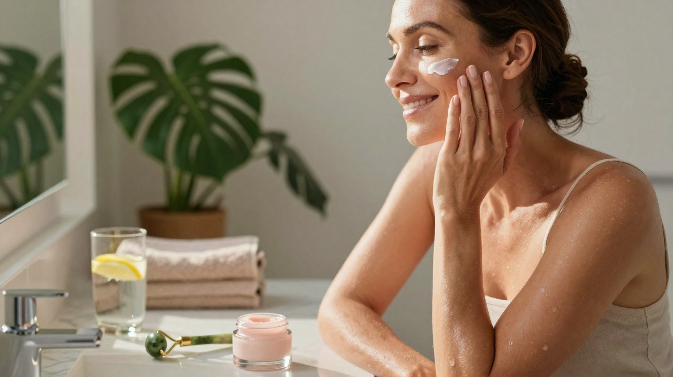 Mulher aplica creme hidratante no rosto, sorrindo, num ambiente de casa de banho com plantas ao fundo.