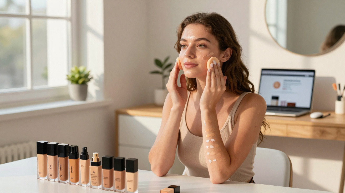 Mulher aplica maquilhagem facial com esponja, rodeada de vários tons de bases numa mesa iluminada.