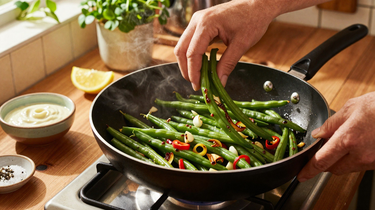 Mãos a cozinhar feijão-verde com alho e pimentos numa frigideira sobre um fogão de gás.