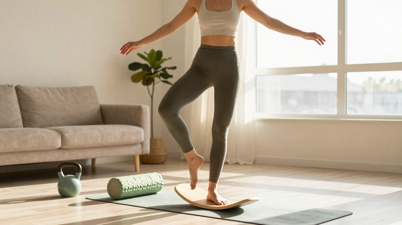 Mulher de pé em prancha de equilíbrio numa sala iluminada, com sofá, planta e acessórios de exercício ao lado.