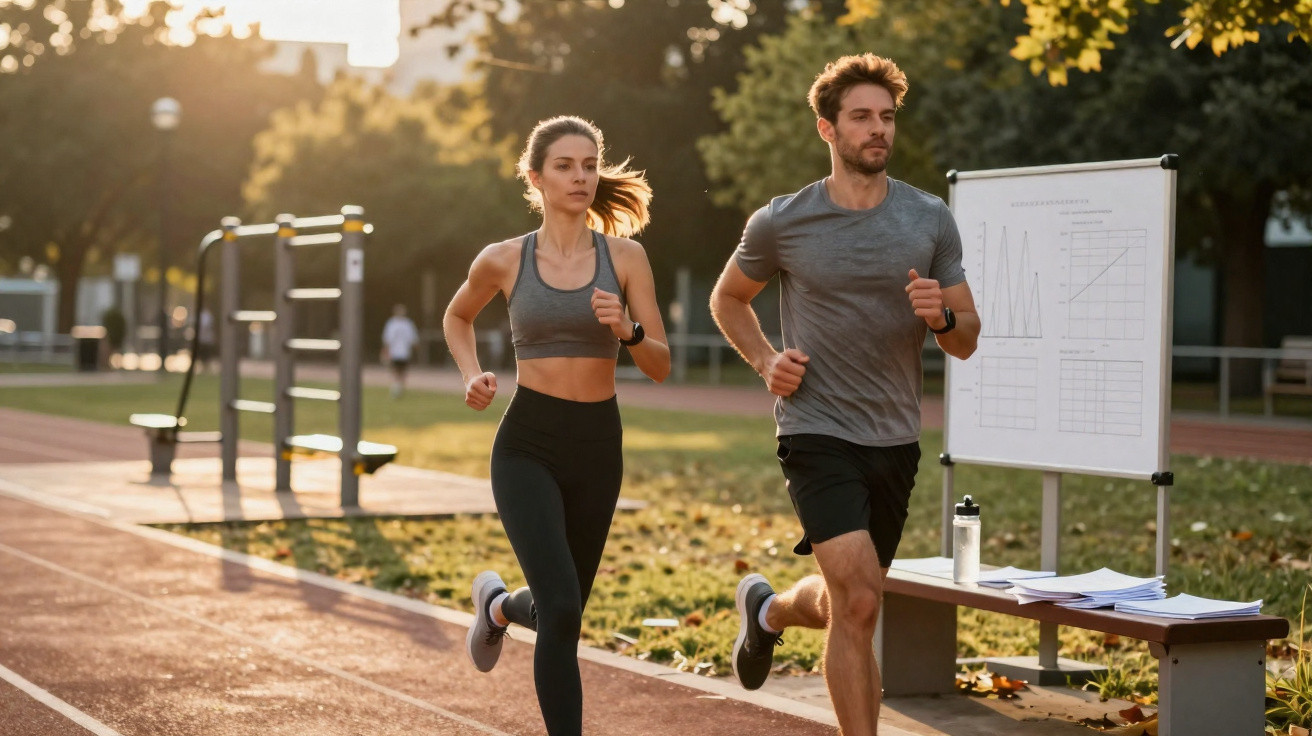 Casal a correr num parque com gráficos num quadro branco ao fundo durante o entardecer.