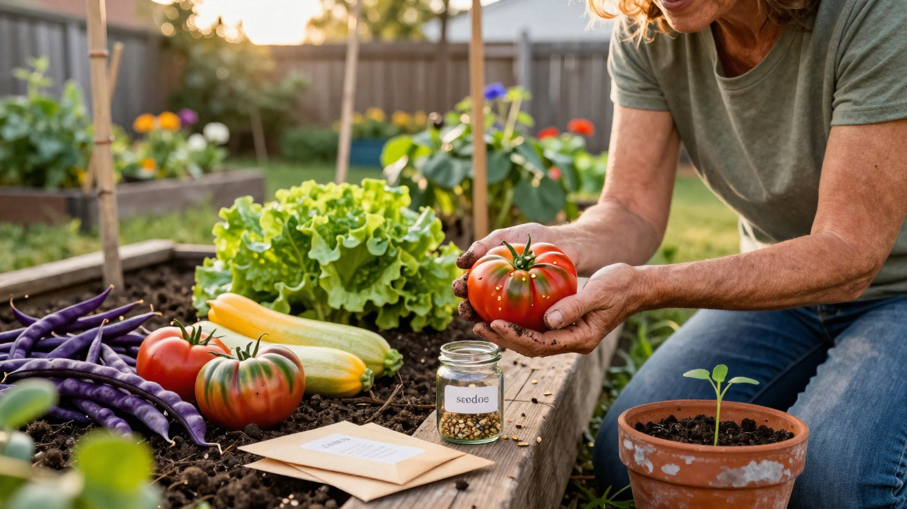 Pessoa a colher tomate numa horta caseira com variedade de legumes e sementes visíveis ao sol poente.