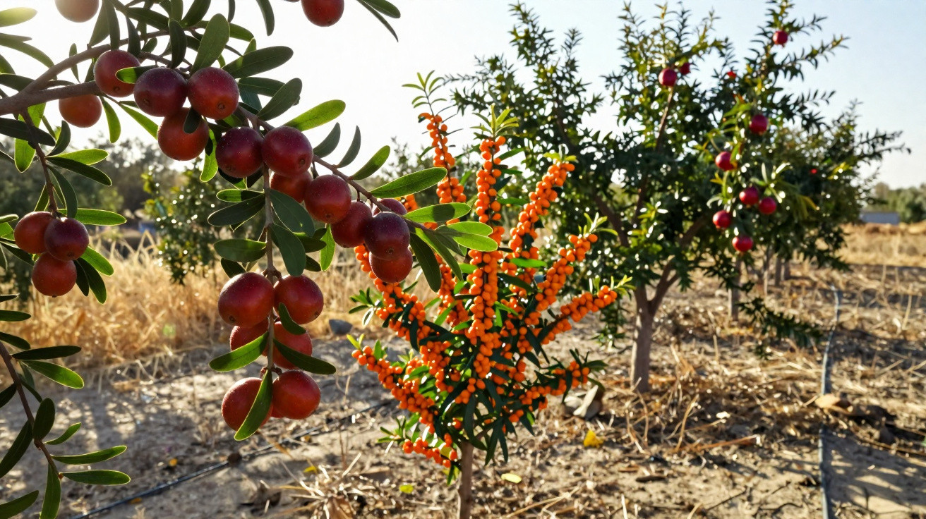 Ramo com frutos castanhos escuros e planta com bagas laranjas num campo seco com árvores ao fundo.
