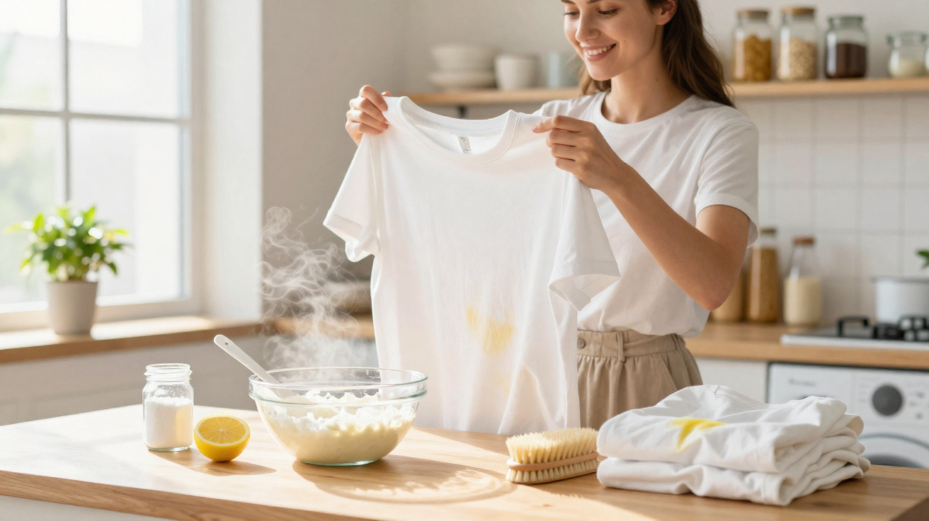 Mulher segura t-shirt branca com nódoa, com utensílios de limpeza caseira numa bancada de madeira.