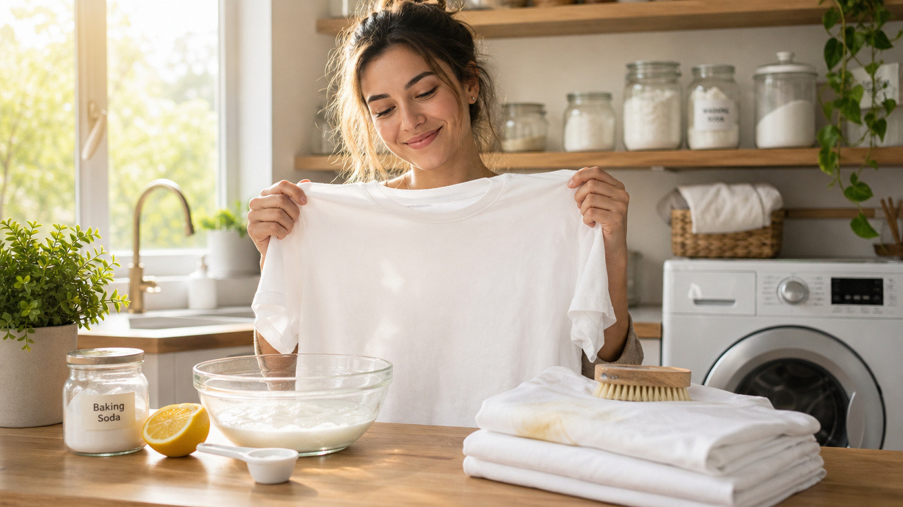 Mulher sorridente a segurar t-shirt branca em cozinha, com ingredientes para limpeza natural na bancada.