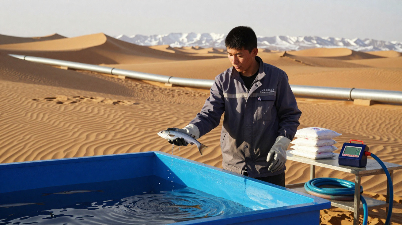 Homem a colocar peixe numa piscina azul no deserto com dunas e montanhas ao fundo.