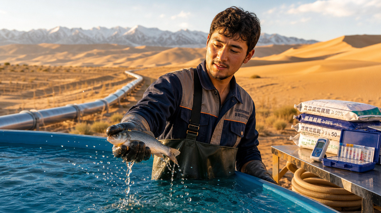 Homem a segurar peixe molhado junto a tanque de água com montanhas e deserto ao fundo.