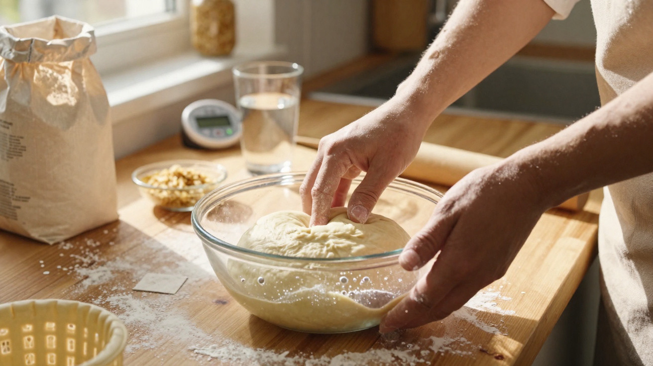 Pessoa amassa massa de pão numa tigela de vidro numa cozinha com luz natural.
