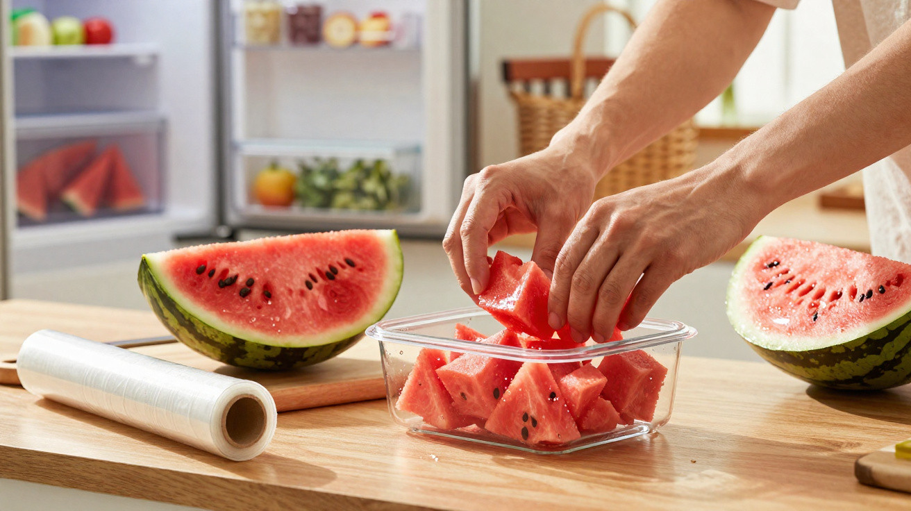 Pessoa a colocar pedaços de melancia numa caixa transparente numa cozinha com frigorífico aberto ao fundo.