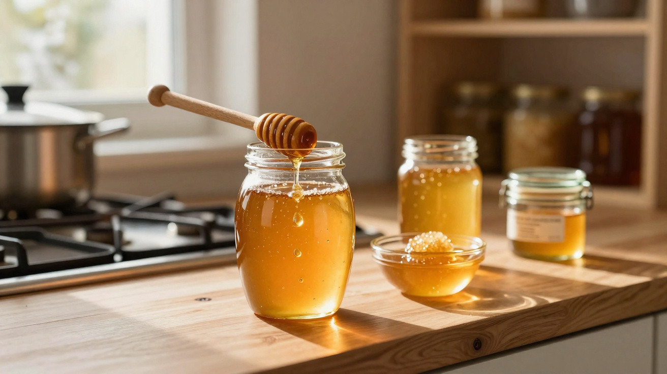 Frascos e taça com mel dourado sobre bancada de madeira numa cozinha iluminada pelo sol.