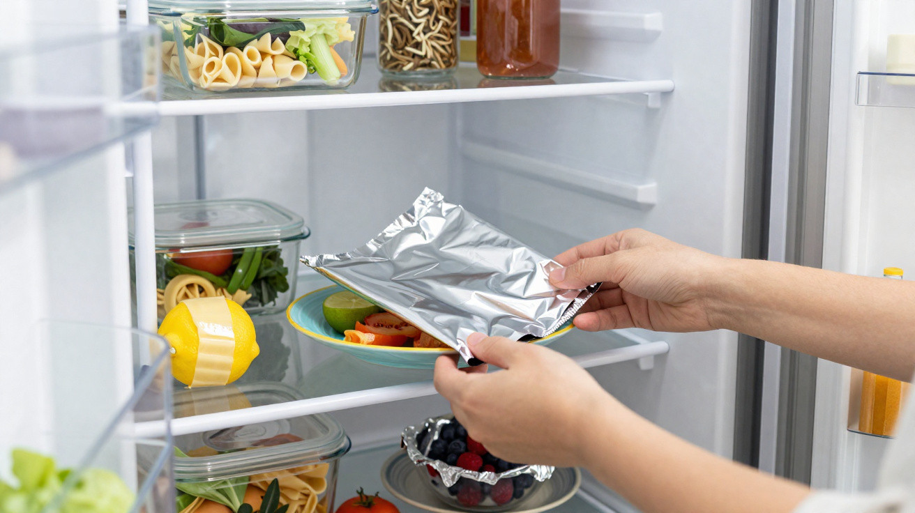 Mãos a cobrir um prato com comida dentro de um frigorífico cheio de recipientes e ingredientes variados.