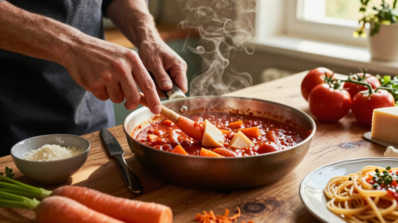 Pessoa a mexer molho de tomate e legumes numa frigideira, com ingredientes frescos em mesa de madeira.