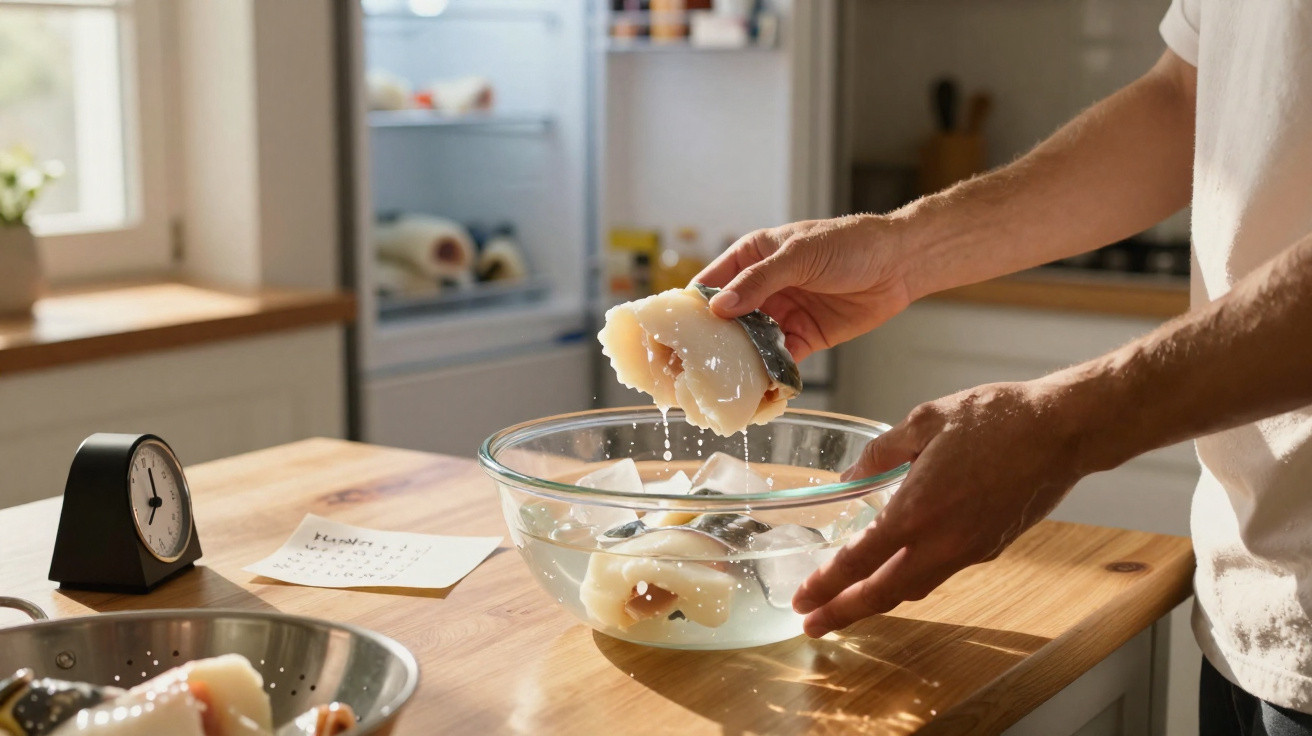 Mãos a preparar filetes de peixe numa taça com gelo numa cozinha luminosa.