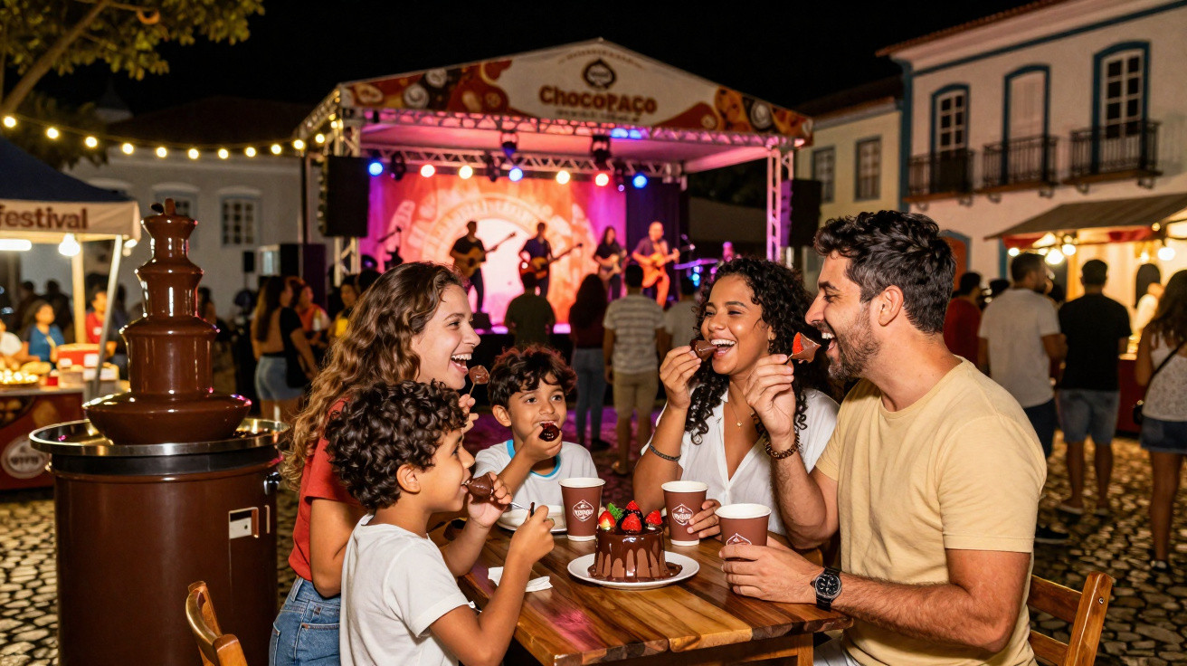 Família feliz a provar chocolate num festival noturno com música ao vivo numa praça pública.