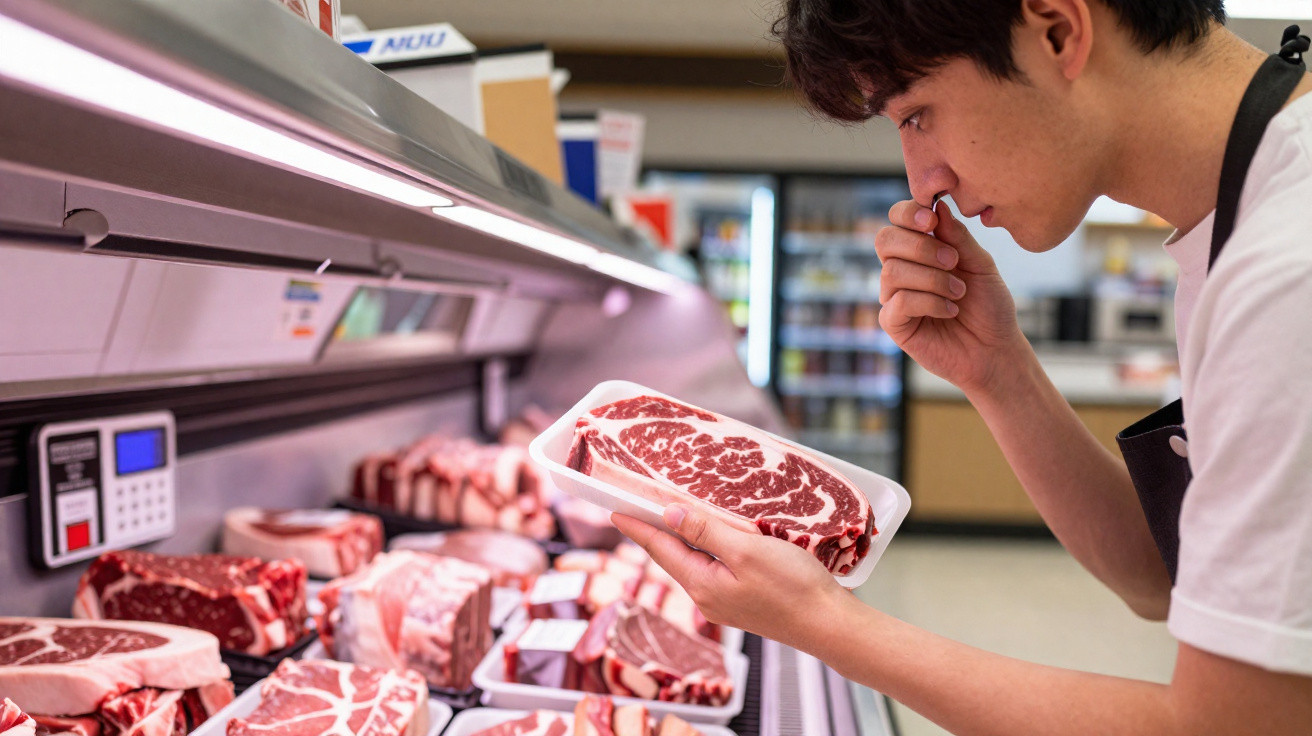 Pessoa a cheirar um bife embalado numa loja de carne fresca com várias peças expostas no frigorífico.