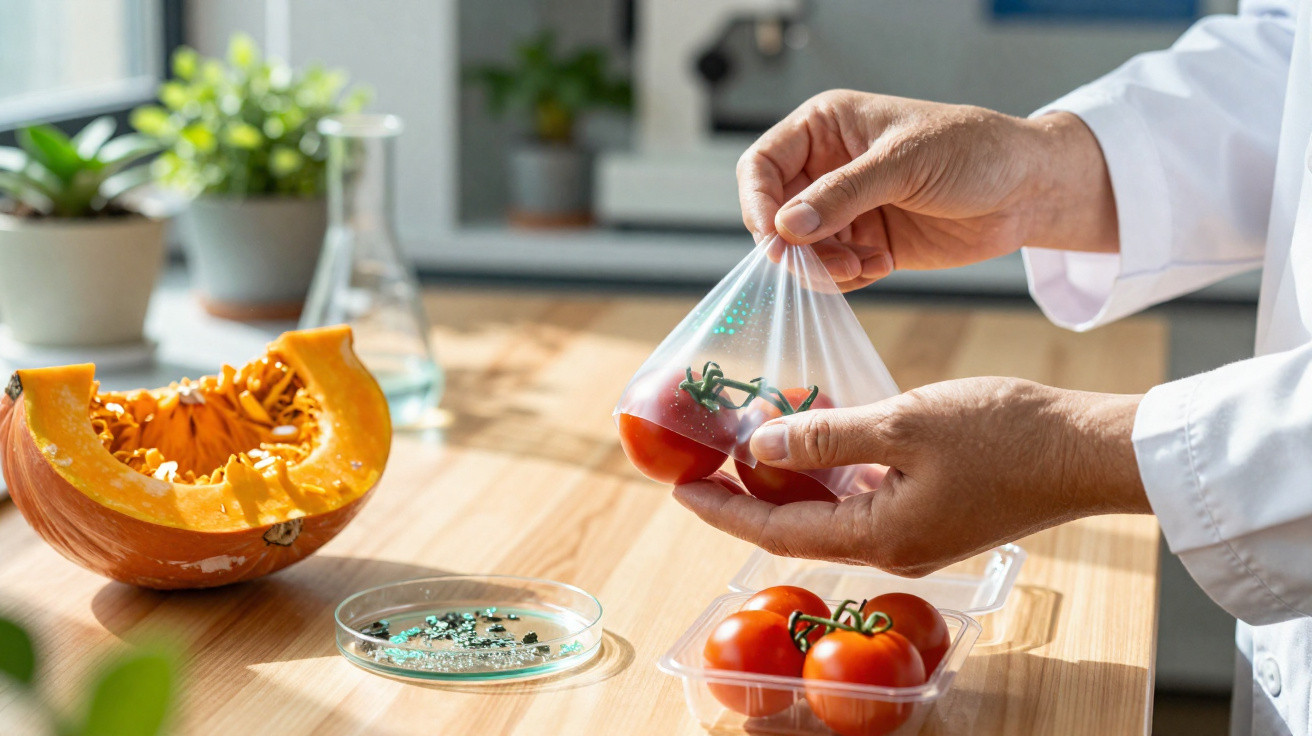 Mãos seguram tomates-cereja num saco plástico num laboratório com abóbora e placa de Petri na mesa.
