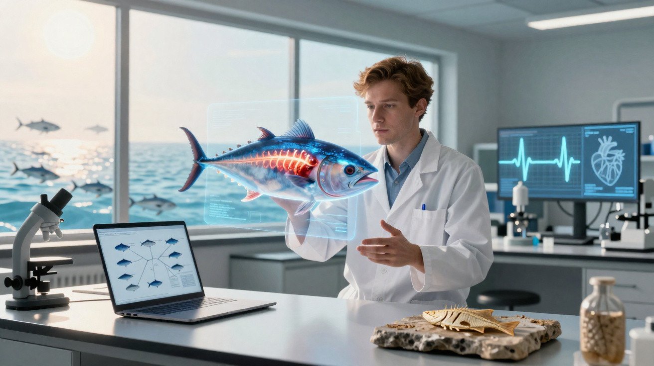 Cientista em laboratório a analisar holograma 3D de um peixe com detalhes anatómicos visíveis.