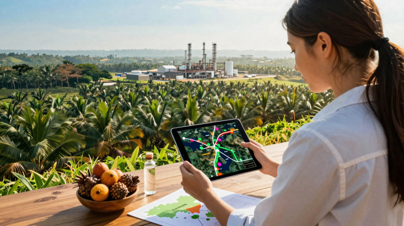 Mulher com tablet a monitorizar plantações atrás vista de fábrica e natureza numa área rural.