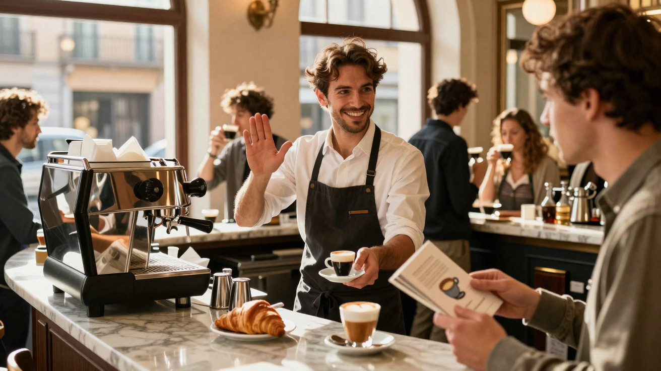 Barista sorridente a servir café e a cumprimentar cliente na cafetaria com vários clientes ao fundo.