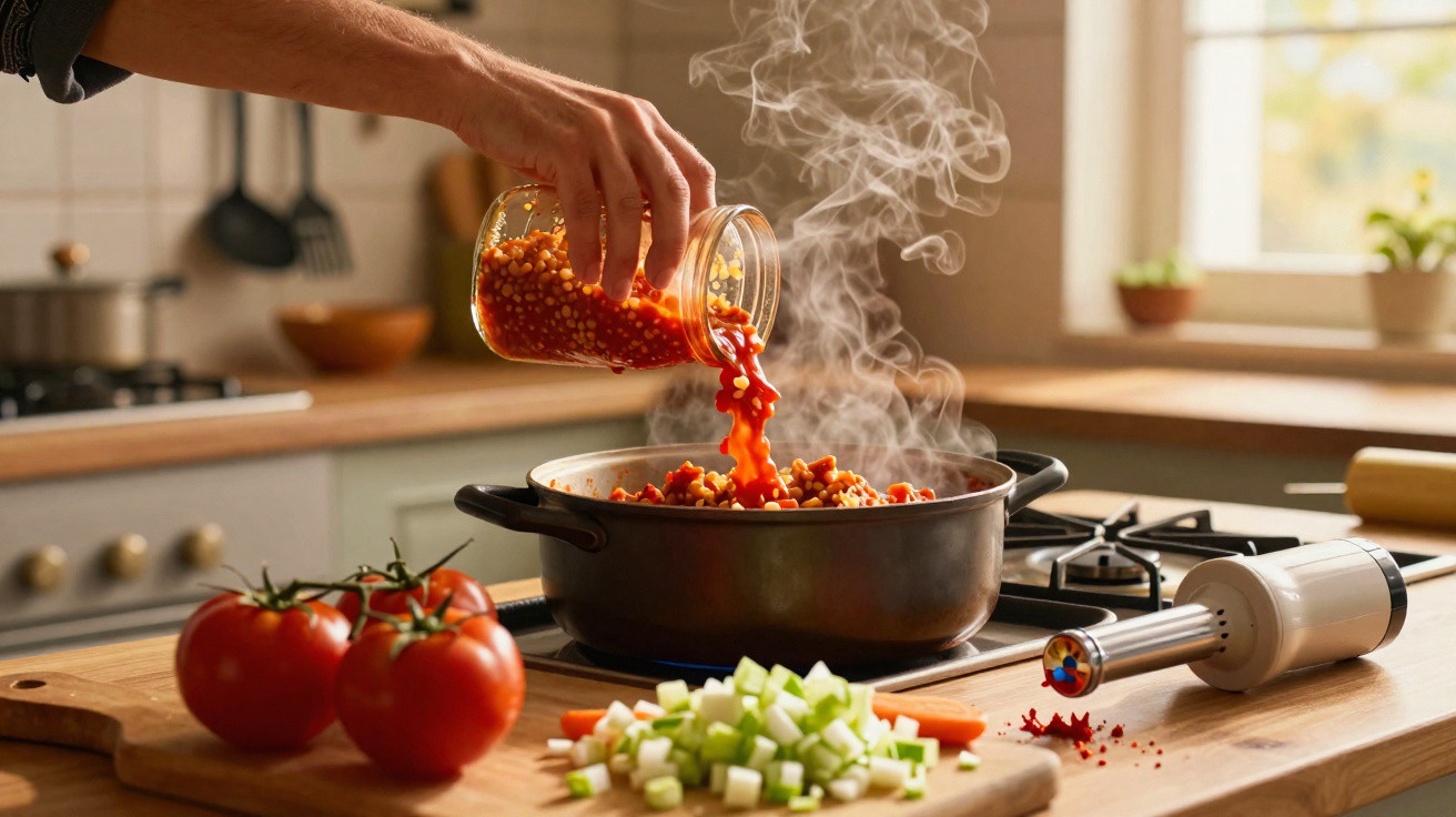 Pessoa a deitar feijão com molho de tomate numa panela a cozinhar numa cozinha iluminada.