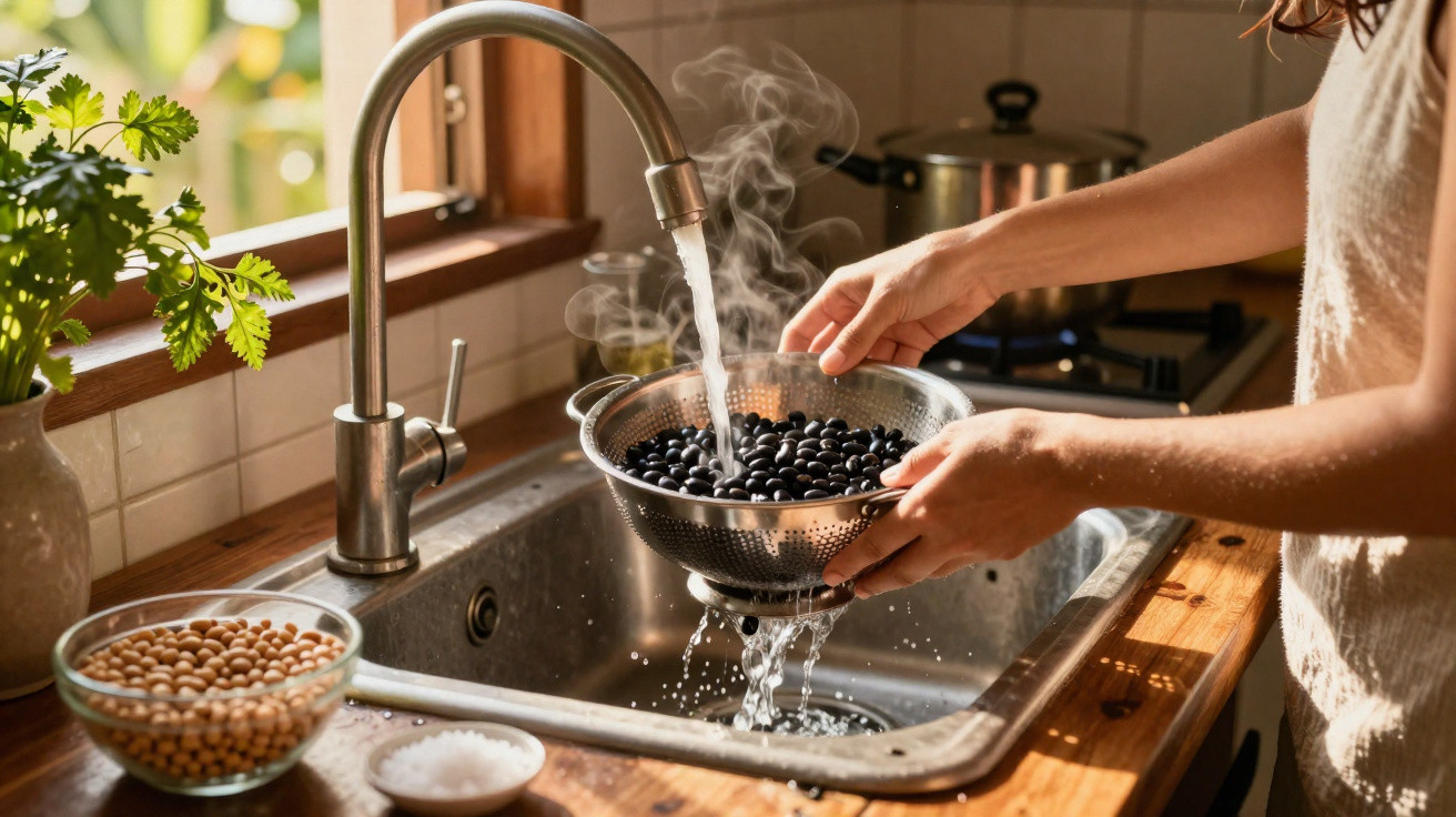 Pessoa a lavar feijão preto num escorredor metálico numa cozinha com luz natural.