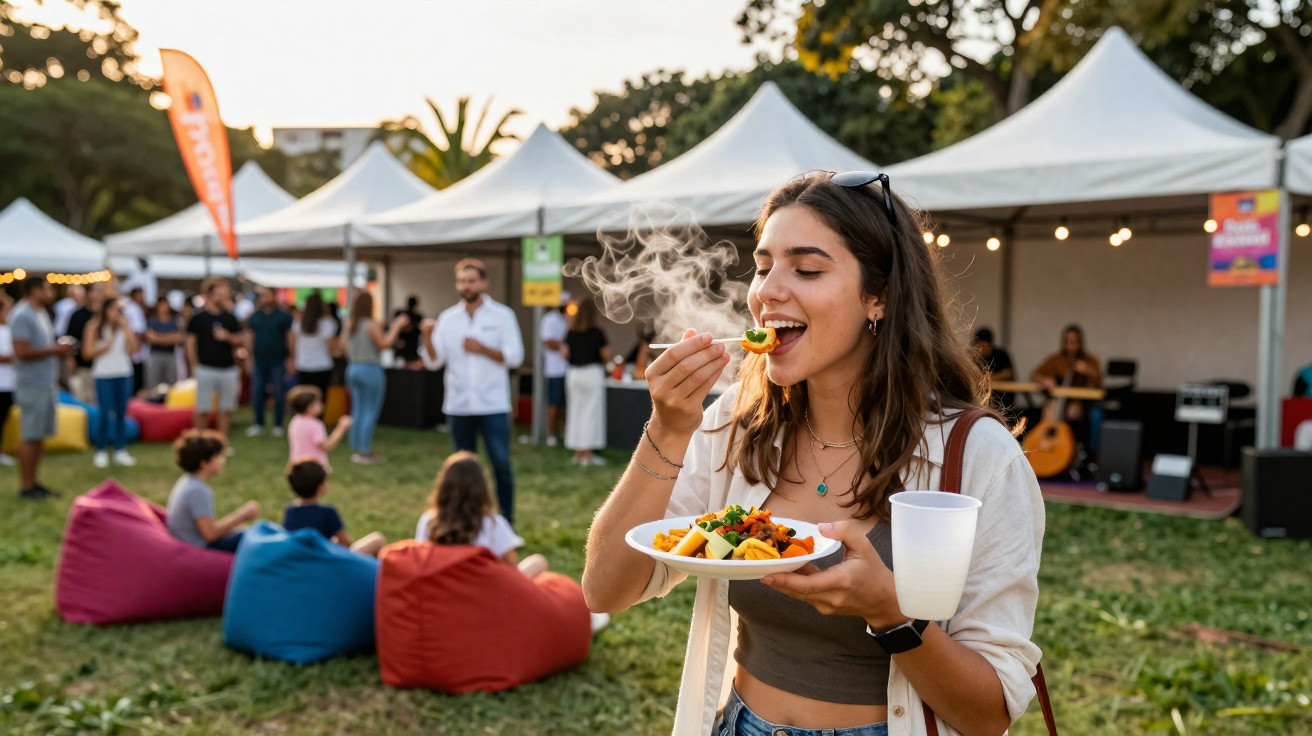 Jovem a saborear comida quente num prato num evento ao ar livre com tendas e pessoas ao fundo.