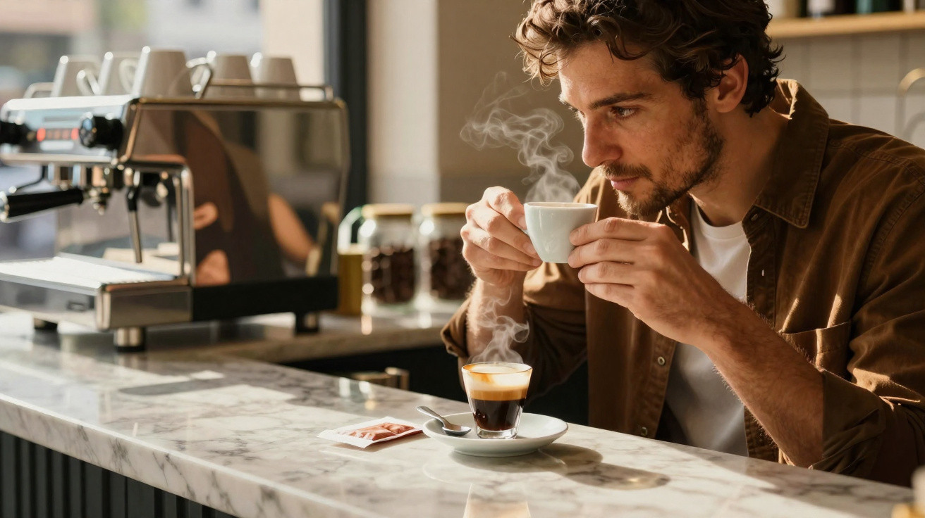 Homem a cheirar uma chávena de café quente numa cafetaria com máquina de café ao fundo.