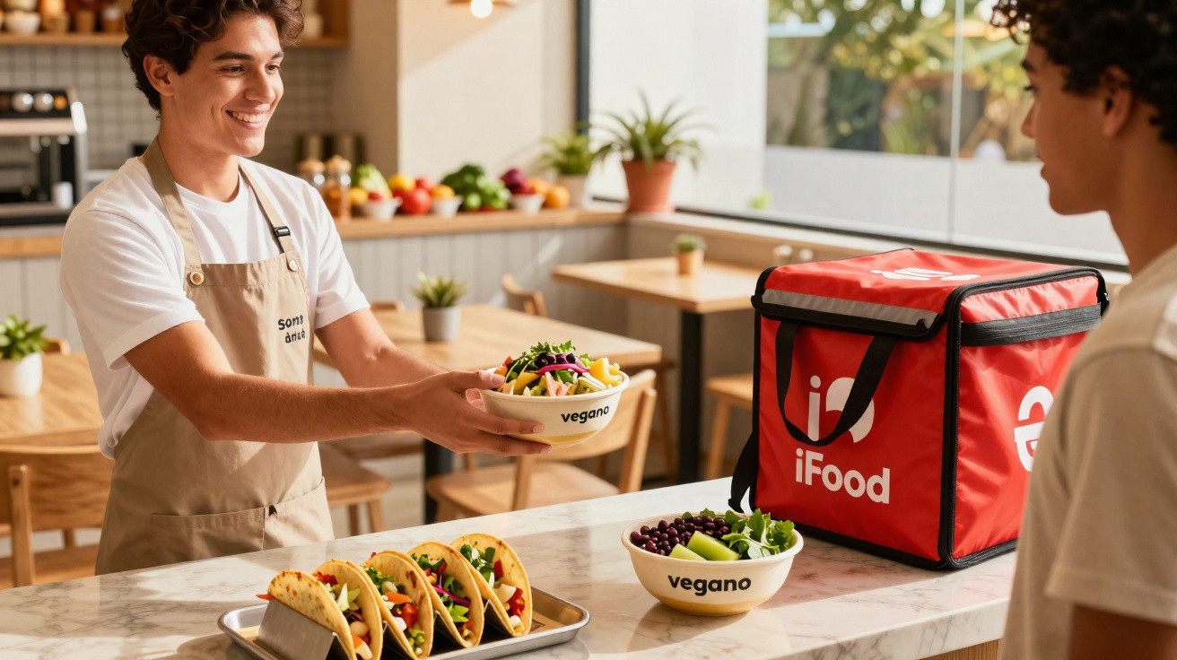 Funcionário entrega prato vegano a cliente em balcão de restaurante com sacola térmica de entrega iFood.