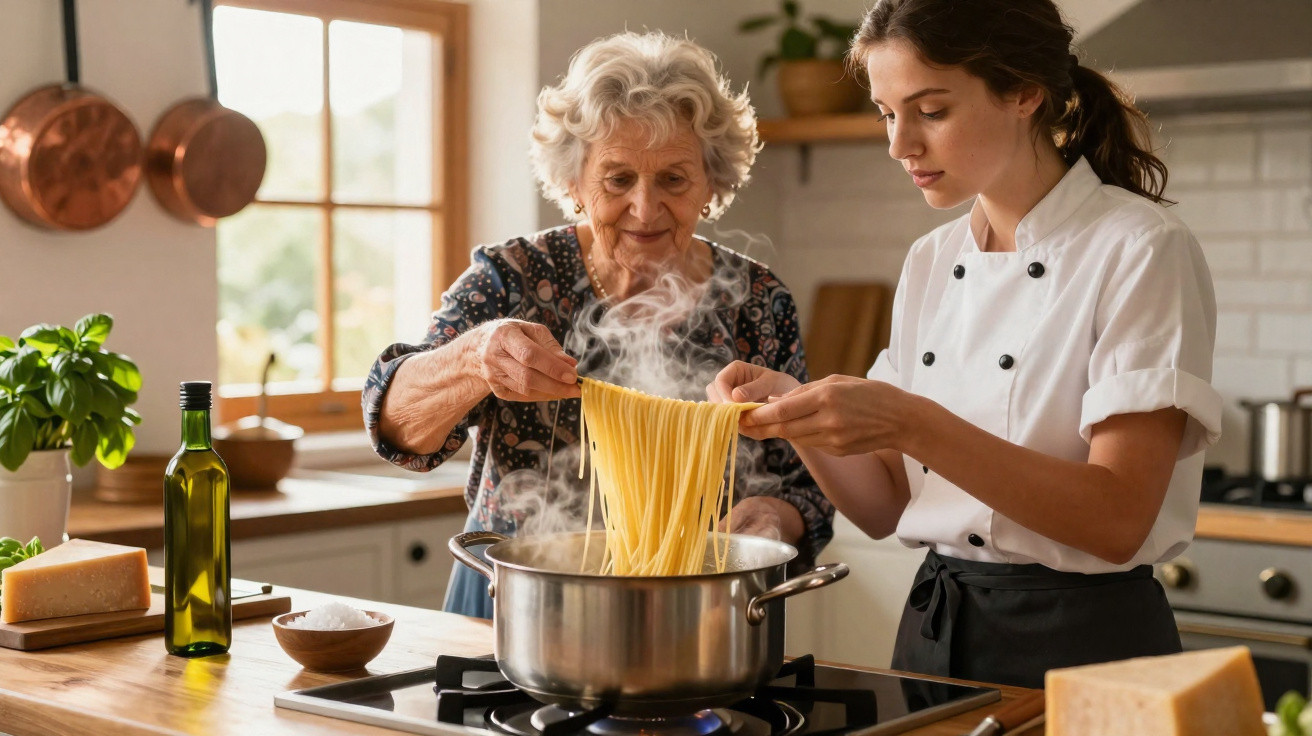 Dona idosa e jovem chef a cozinhar massa numa cozinha moderna com luz natural e ingredientes frescos.