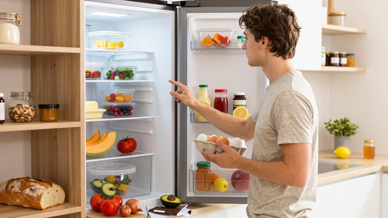 Homem de pé em cozinha moderna abre frigorífico cheio de frutas, ovos e bebidas saudáveis.
