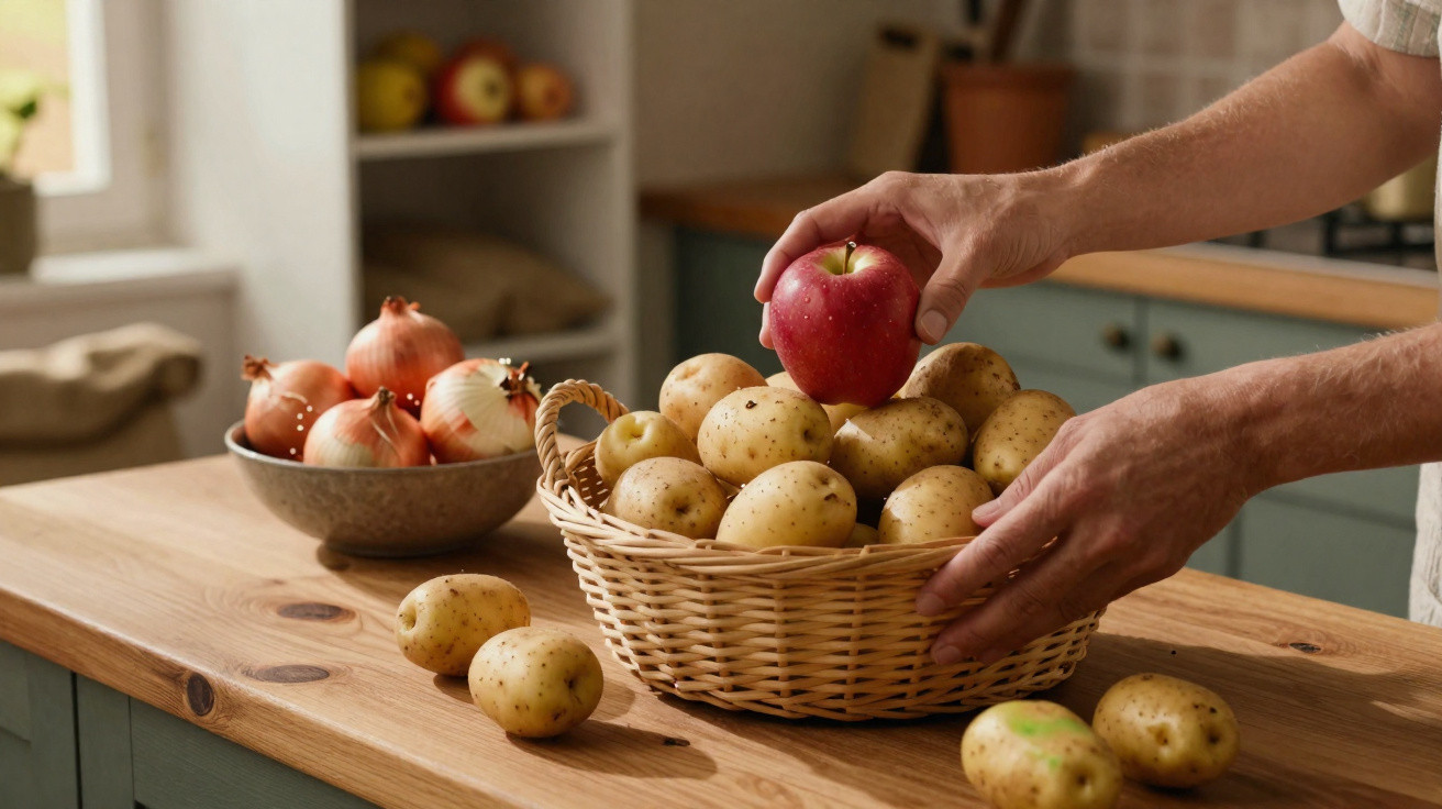 Mãos a colocar uma maçã vermelha numa cesta cheia de batatas numa bancada de cozinha.