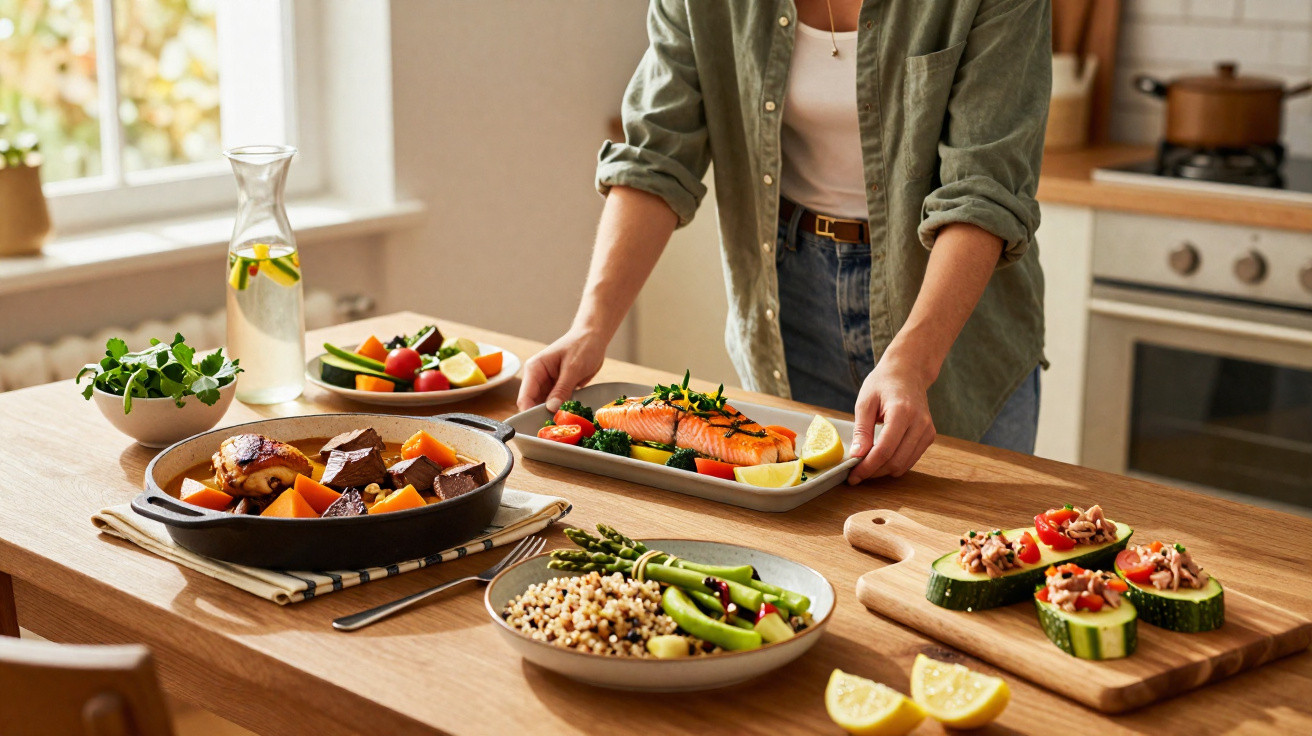 Pessoa a servir refeição saudável com salmão, legumes, quinoa e salada numa cozinha luminosa.