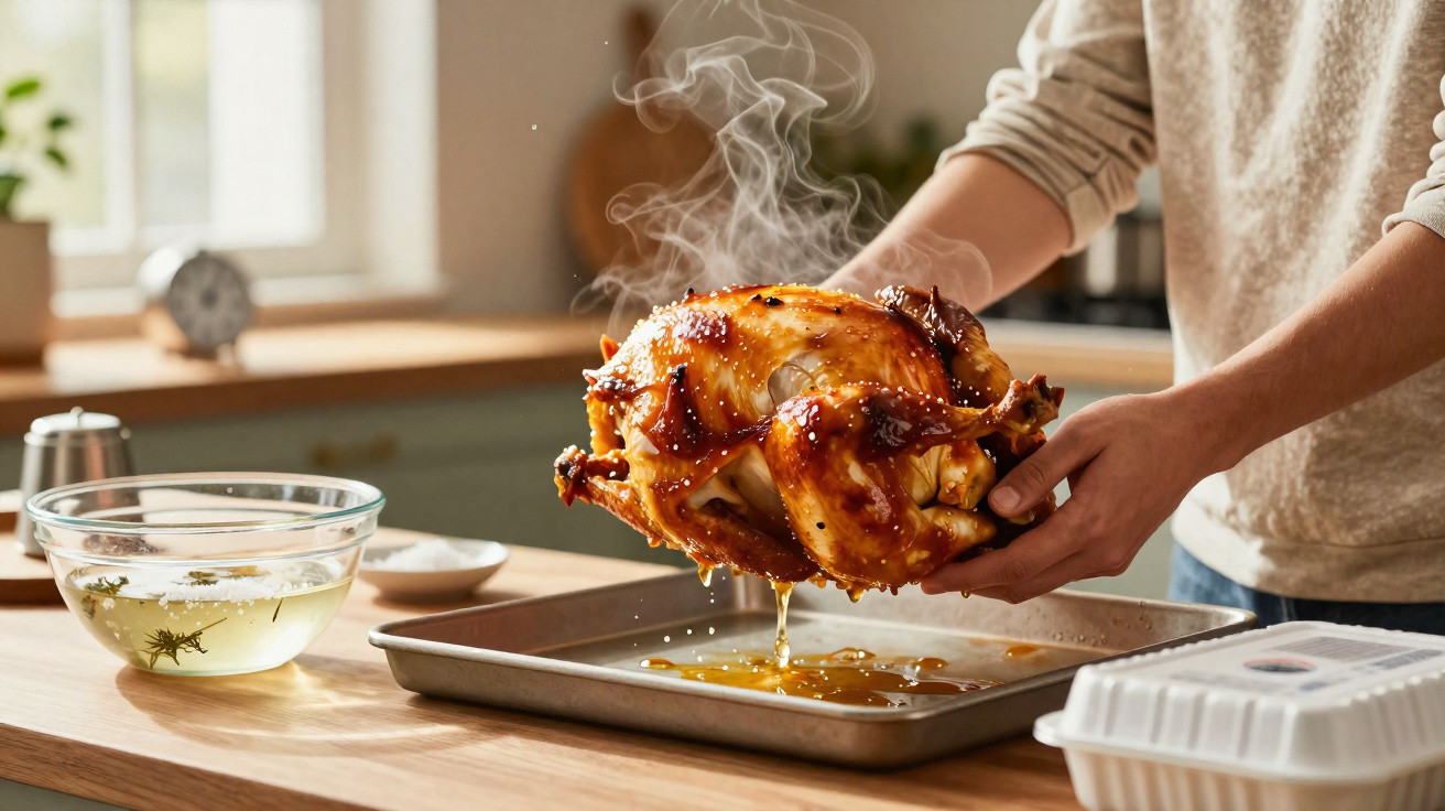 Pessoa a segurar frango assado quente a pingar sumos numa tabuleiro na cozinha.