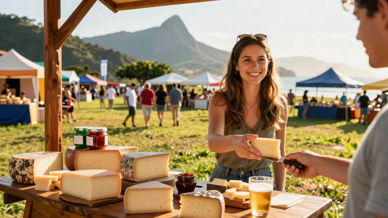 Mulher a vender queijo numa feira ao ar livre com mesas, tendas e montanha ao fundo.