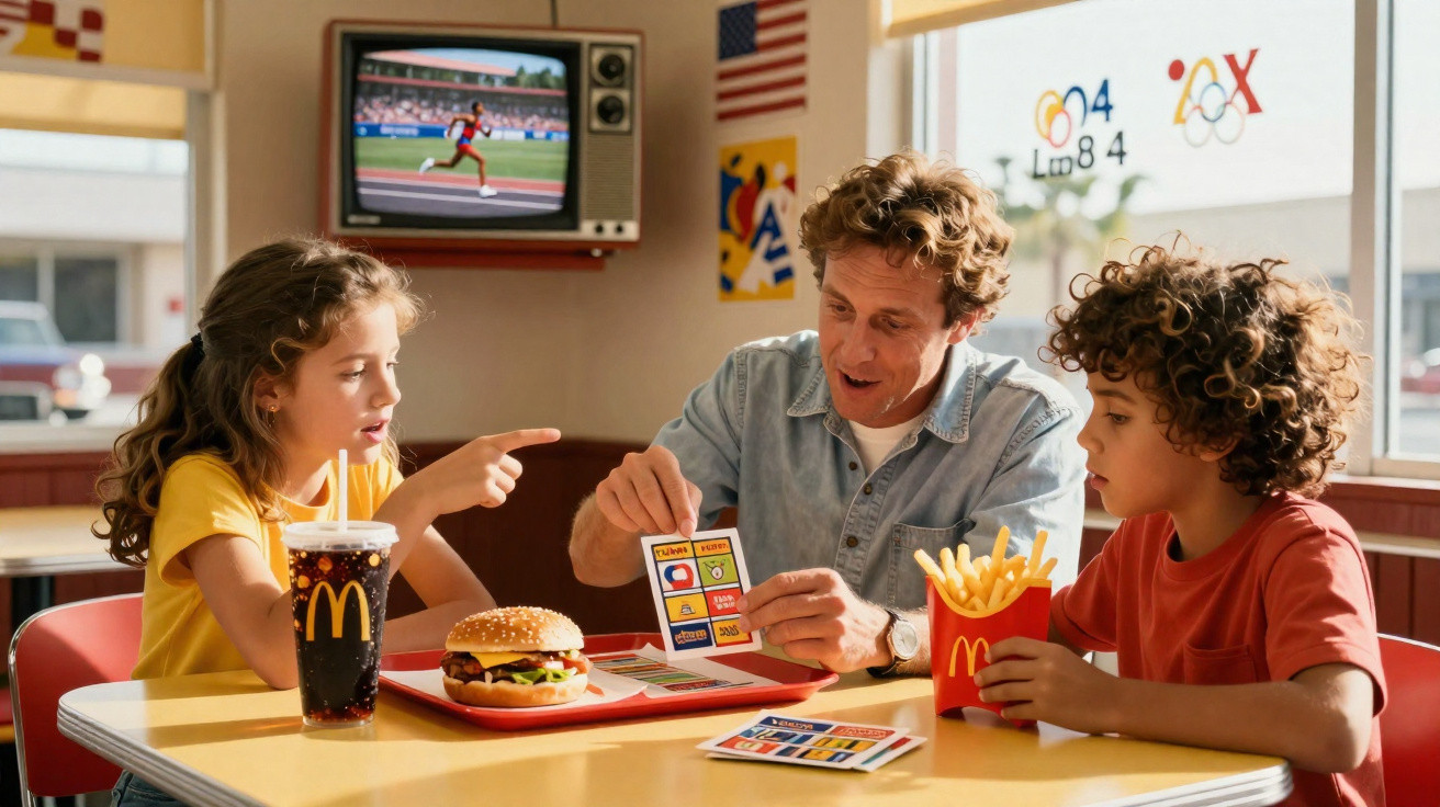 Homem e duas crianças sentados numa mesa do McDonald's, jogando cartas e com refeições à sua frente.