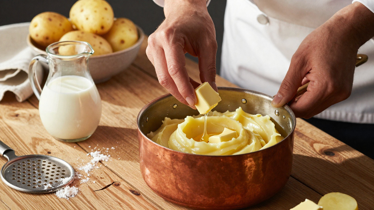 Mãos a adicionar manteiga a puré de batata em panela de cobre, com batatas, leite e sal na mesa de madeira.