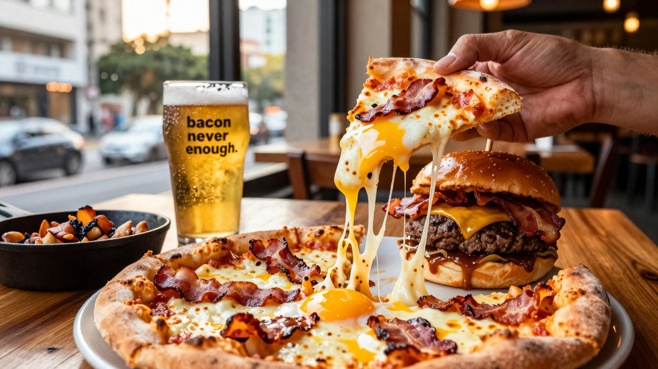 Pessoa a levantar fatia de pizza com queijo e ovo escorrido, hambúrguer com bacon e cerveja num restaurante.