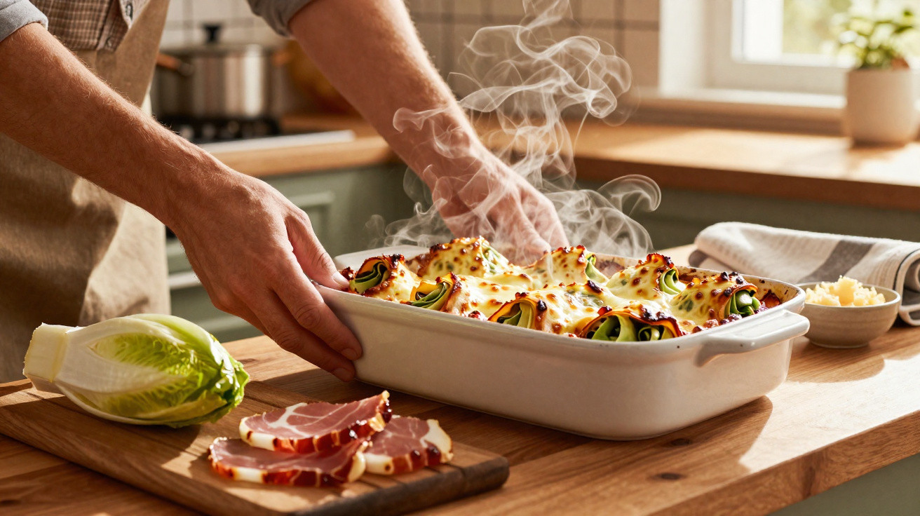 Pessoa a segurar tabuleiro com prato gratinado fumegante numa cozinha iluminada e moderna.