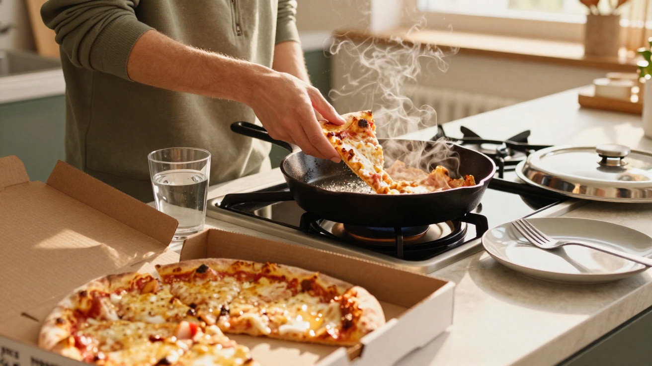 Pessoa a aquecer pizza numa frigideira, com caixa de pizza e copo de água numa cozinha iluminada.