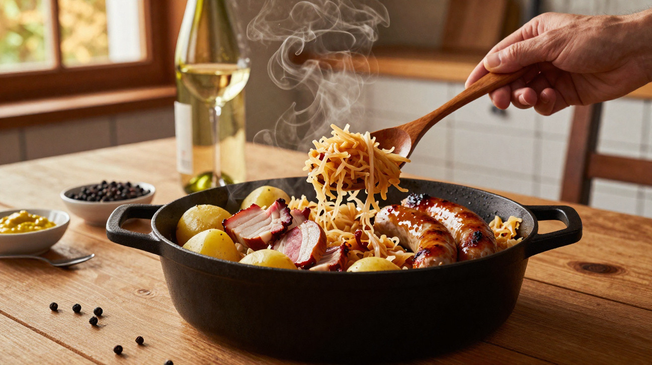 Panela com batatas, salsichas grelhadas, bacon e massa a ser servida numa mesa de madeira.