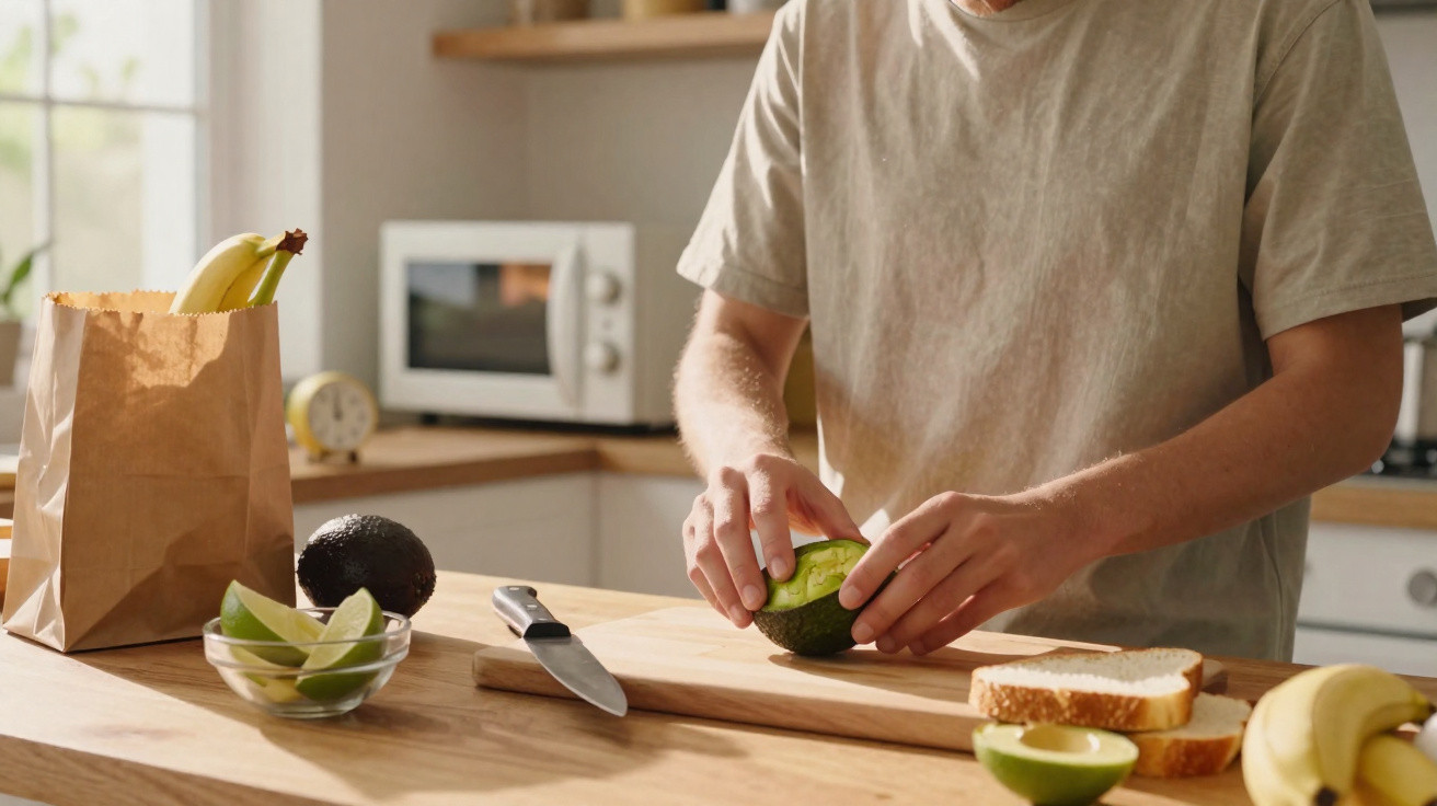 Pessoa a partir um abacate na cozinha com alimentos sobre a bancada, incluindo pão e bananas.