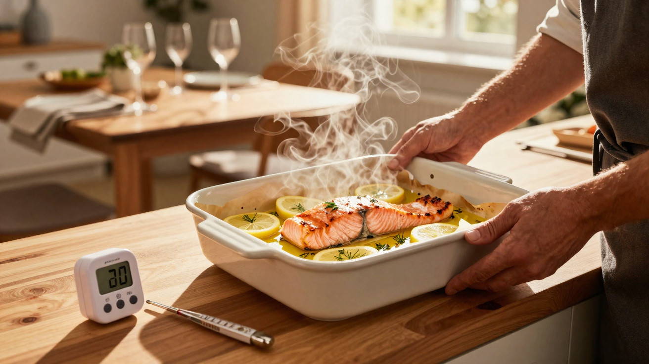 Prato de salmão fumegante com limão e ervas numa cozinha com temporizador e termómetro à vista.