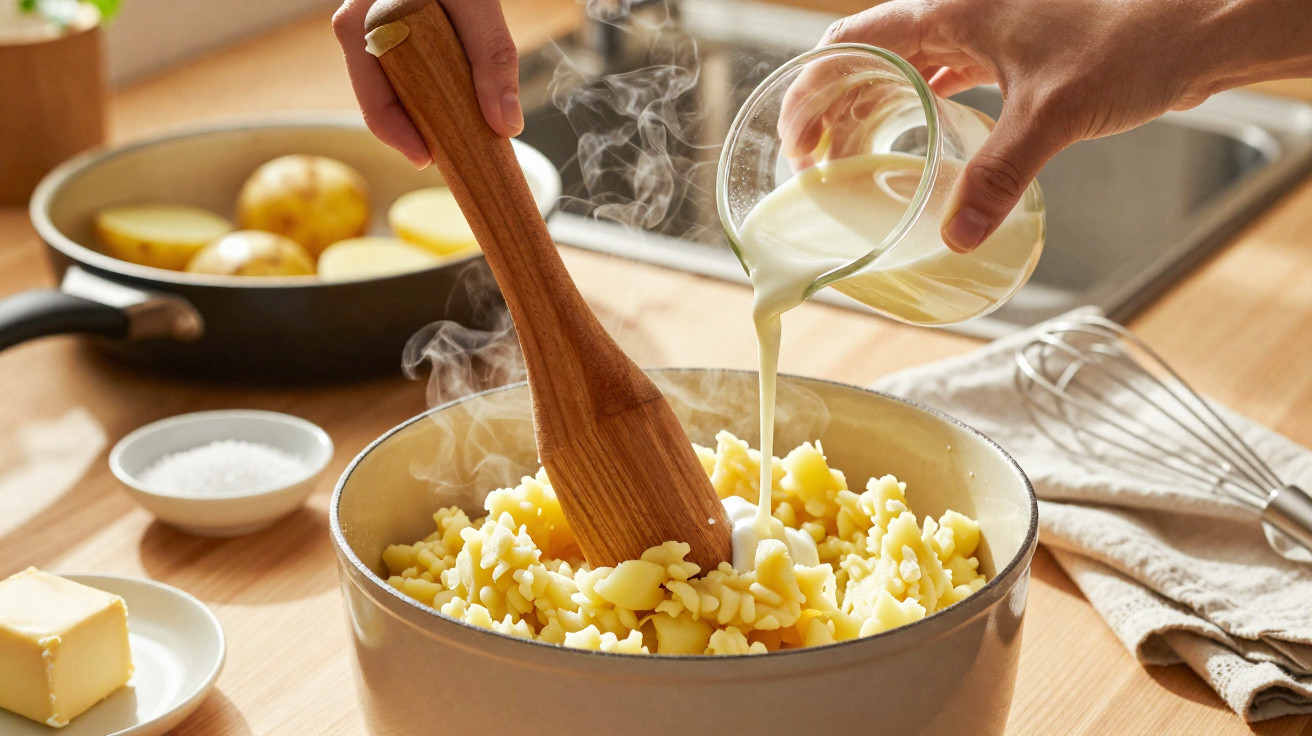 Pessoa a misturar leite e batatas numa panela, com manteiga e sal ao lado numa bancada de cozinha.