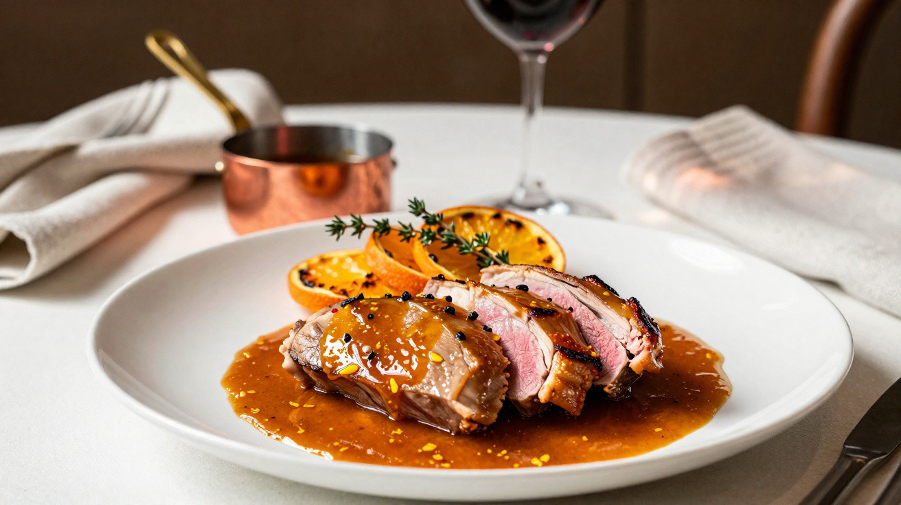 Prato com fatias de carne suculenta, molho, laranja grelhada, ramo de tomilho e copo de vinho tinto ao fundo.