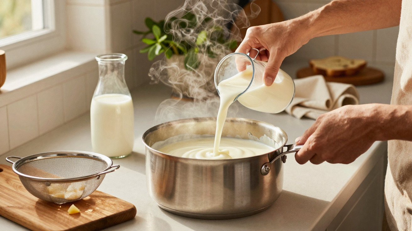 Pessoa a despejar leite quente numa panela com vapor numa cozinha luminosa.